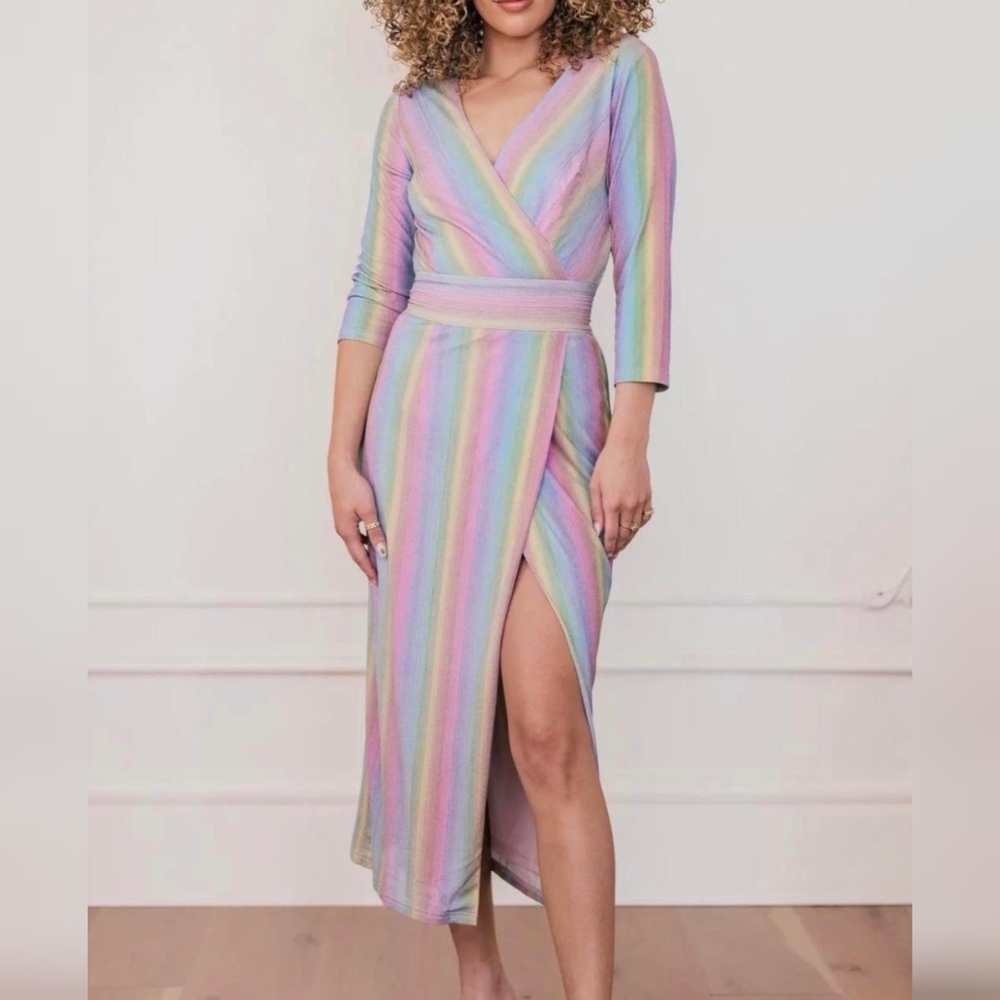 JESSAKAE Luminaria Metallic Rainbow V-neck Front Slit Dress XL